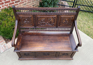 Antique French Breton Bench Settee Entry Hall Brittany Carved Oak Banquette