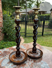Load image into Gallery viewer, Antique English Barley Twist Open Candlesticks Candle Holders Oak PAIR 14&quot; Tall