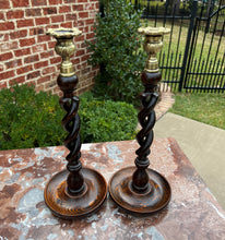 Load image into Gallery viewer, Antique English Barley Twist Open Candlesticks Candle Holders Oak PAIR 14&quot; Tall