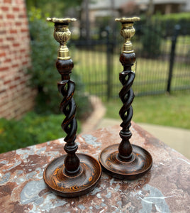 Antique English Barley Twist Open Candlesticks Candle Holders Oak PAIR 14" Tall