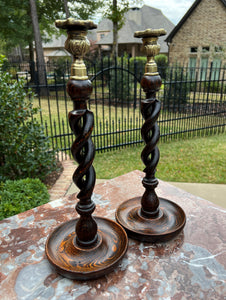 Antique English Barley Twist Open Candlesticks Candle Holders Oak PAIR 14" Tall