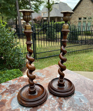 Load image into Gallery viewer, Antique English Barley Twist Candlesticks Candle Holders Oak PAIR 14&quot; Tall