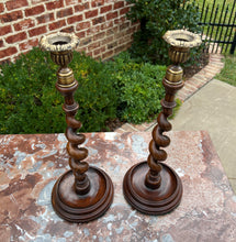 Load image into Gallery viewer, Antique English Barley Twist Candlesticks Candle Holders Oak PAIR 14&quot; Tall