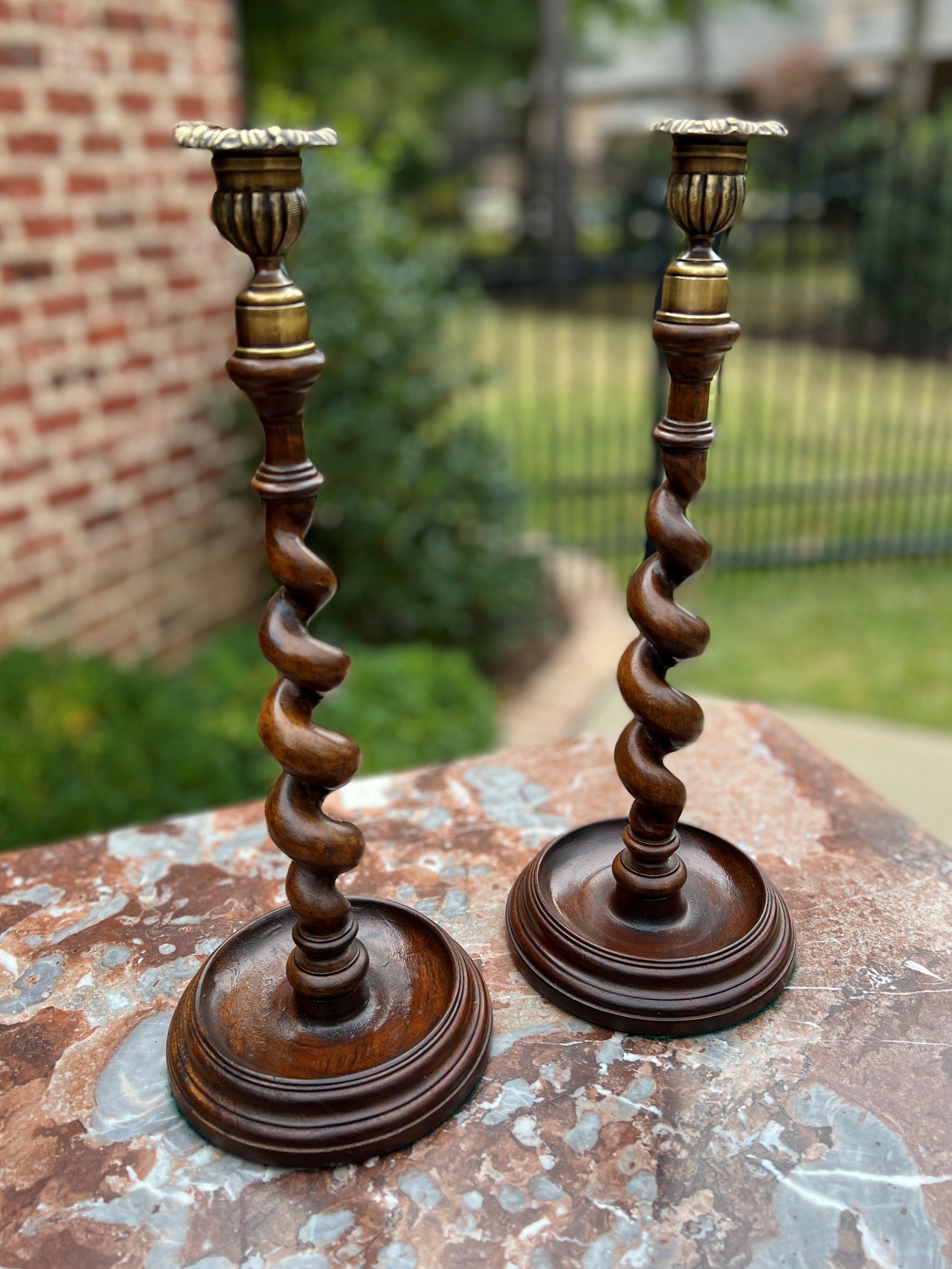 English Oak Barley Twist Candlesticks with Hammered Brass Cups, Set of 2  for sale at Pamono