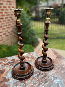 Antique English Barley Twist Candlesticks Candle Holders Oak PAIR 14" Tall