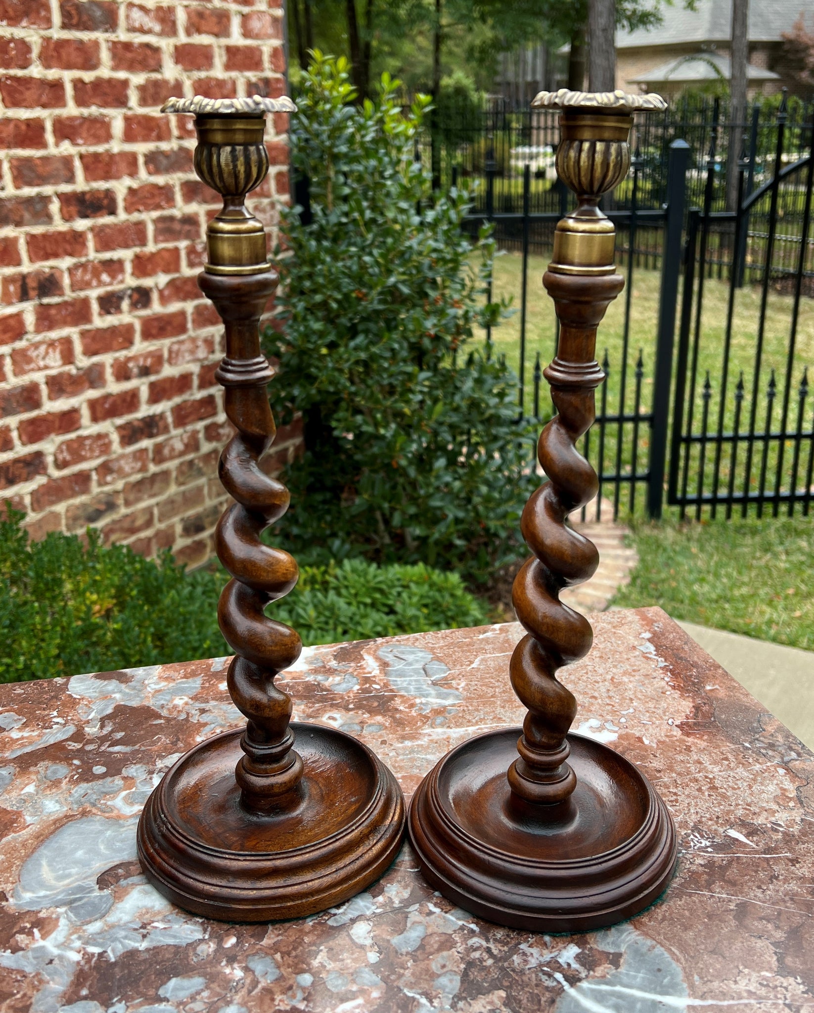 Pair of Antique English Barley Twist Candlesticks For Sale at