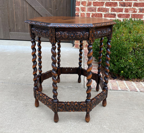 Antique French Table BARLEY TWIST Octagonal Carved Oak Renaissance Revival