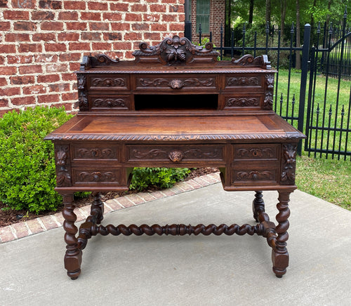 Antique French Desk Barley Twist Oak Office Library Desk Renaissance Revival