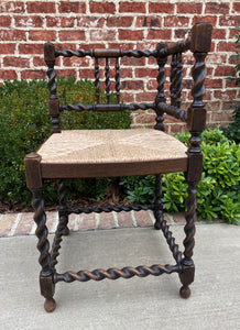 Antique French Country Corner Chair Oak Barley Twist Rush Seat Petite Farmhouse