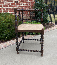 Load image into Gallery viewer, Antique French Country Corner Chair Oak Barley Twist Rush Seat Petite Farmhouse