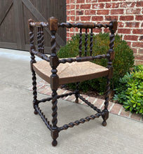 Load image into Gallery viewer, Antique French Country Corner Chair Oak Barley Twist Rush Seat Petite Farmhouse