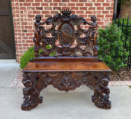 Antique French Bench Chair Settee Renaissance Revival Griffon Cherubs Walnut 19C