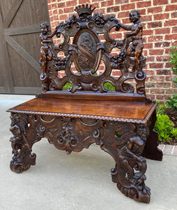 Antique French Bench Chair Settee Renaissance Revival Griffon Cherubs Walnut 19C