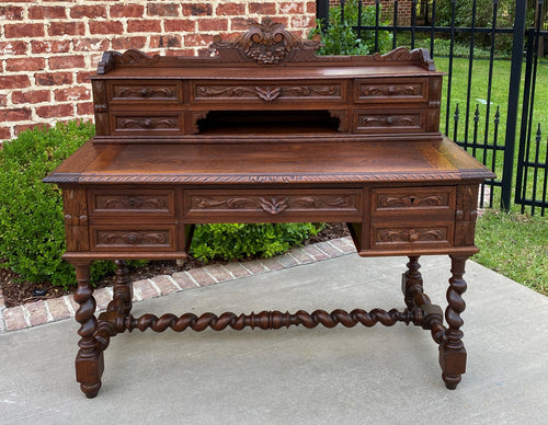 Antique French Desk Office Library Desk Renaissance Revival Barley Twist Oak 19C