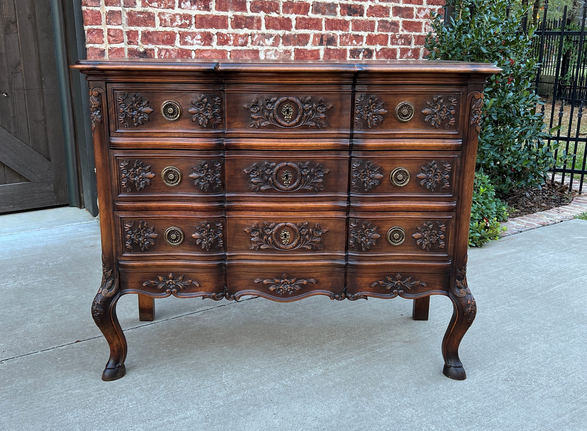 Antique French Chest of Drawers Cabinet 3-Drawer Carved Walnut w Keys  c.1920s