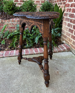 Antique English Oak Table Cloverleaf Tripod Highly Carved Side Table End Table