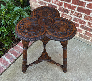 Antique English Oak Table Cloverleaf Tripod Highly Carved Side Table End Table