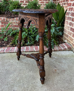 Antique English Oak Table Cloverleaf Tripod Highly Carved Side Table End Table