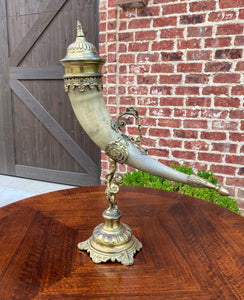 Antique French Trophy Drinking Horn Hunt Epergne Renaissance Brass Statue 19th C