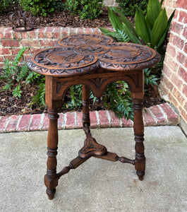 Antique English Oak Table Cloverleaf Tripod Highly Carved Side Table End Table