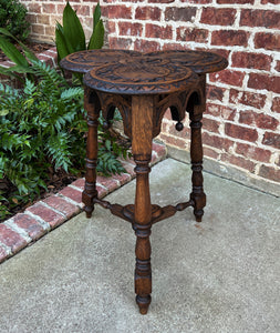 Antique English Oak Table Cloverleaf Tripod Highly Carved Side Table End Table