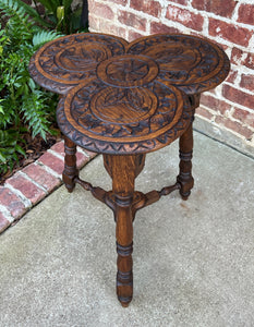 Antique English Oak Table Cloverleaf Tripod Highly Carved Side Table End Table