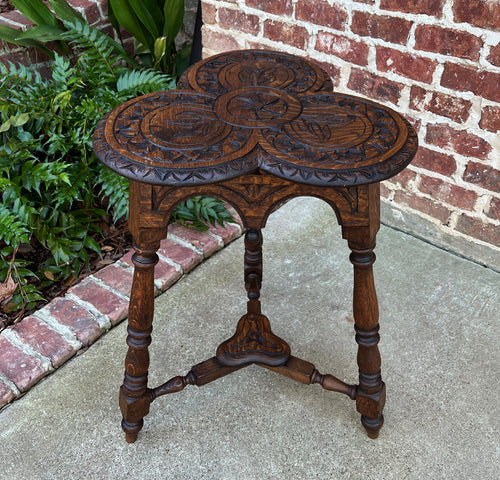 Antique English Oak Table Cloverleaf Tripod Highly Carved Side Table End Table