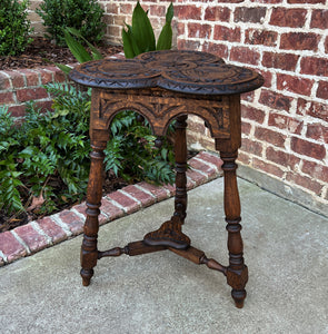 Antique English Oak Table Cloverleaf Tripod Highly Carved Side Table End Table