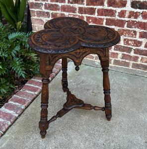 Antique English Oak Table Cloverleaf Tripod Highly Carved Side Table End Table