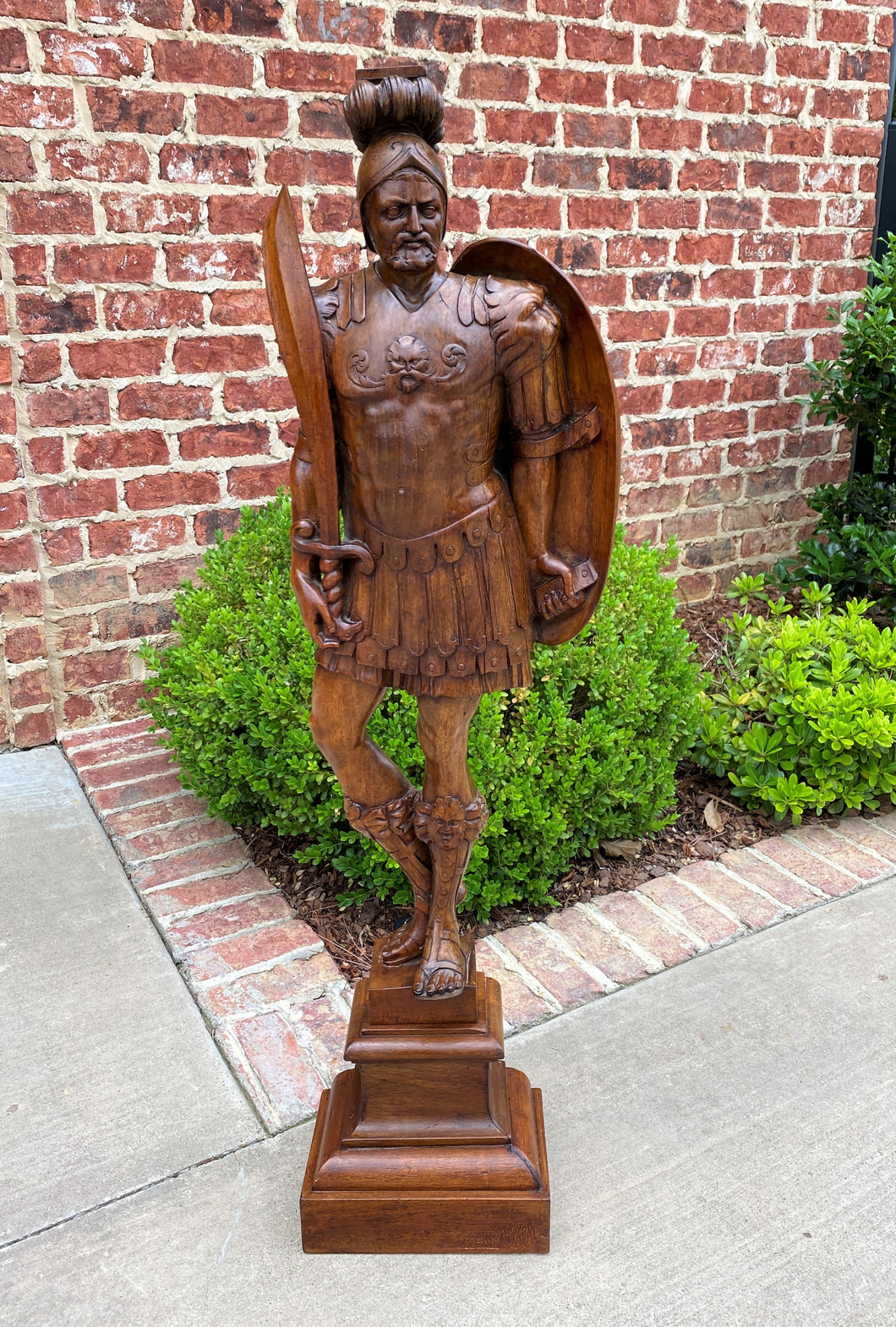 Antique Statue Roman Centurion Soldier Sword Shield Carved Walnut Figure 46.5