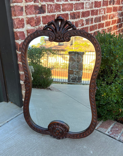 Antique French Mirror Carved Walnut Framed Wall Mirror Shell Lattice Accent 1930