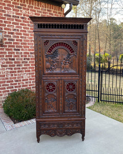 Antique French Breton Cabinet Bonnetiere Armoire Carved Dark Oak Linen Closet