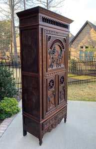 Antique French Breton Cabinet Bonnetiere Armoire Carved Dark Oak Linen Closet