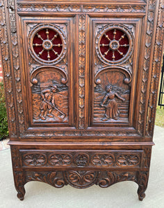 Antique French Breton Cabinet Bonnetiere Armoire Carved Dark Oak Linen Closet