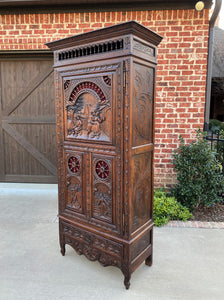 Antique French Breton Cabinet Bonnetiere Armoire Carved Dark Oak Linen Closet