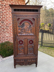 Antique French Breton Cabinet Bonnetiere Armoire Carved Dark Oak Linen Closet