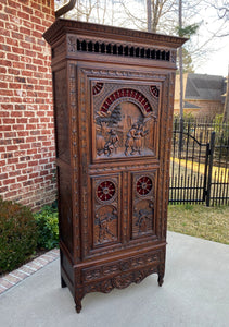 Antique French Breton Cabinet Bonnetiere Armoire Carved Dark Oak Linen Closet