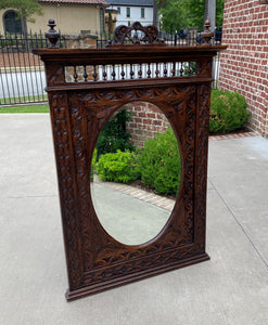 Antique French Mirror Breton Brittany Carved Oak Beveled Oval Large 58.5" T