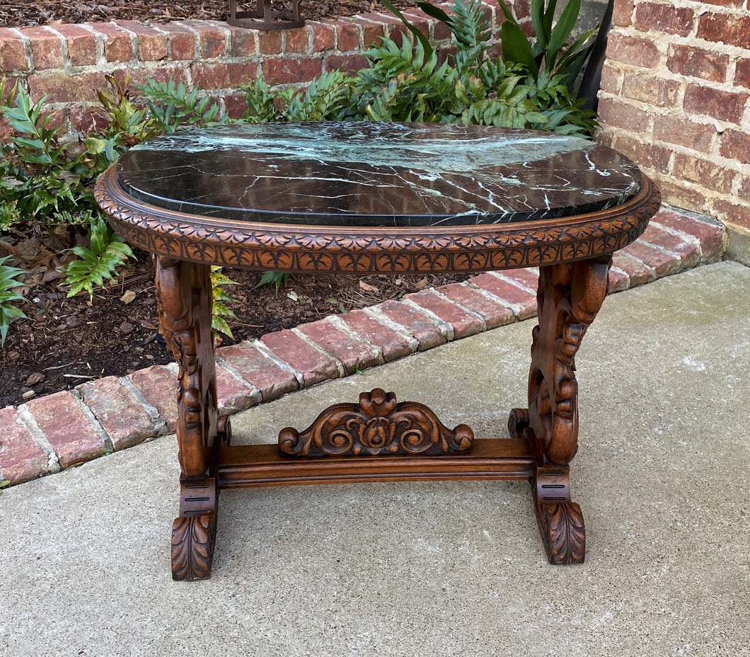 Antique French Coffee Table Renaissance Revival Cherub Green Marble Top Walnut