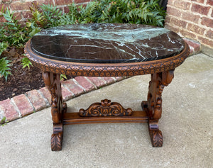 Antique French Coffee Table Renaissance Revival Cherub Green Marble Top Walnut