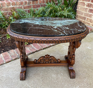 Antique French Coffee Table Renaissance Revival Cherub Green Marble Top Walnut