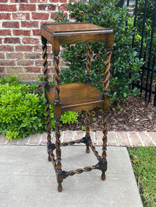 Antique English Plant Stand Pedestal Display Table BARLEY TWIST 2-Tier Oak 36"