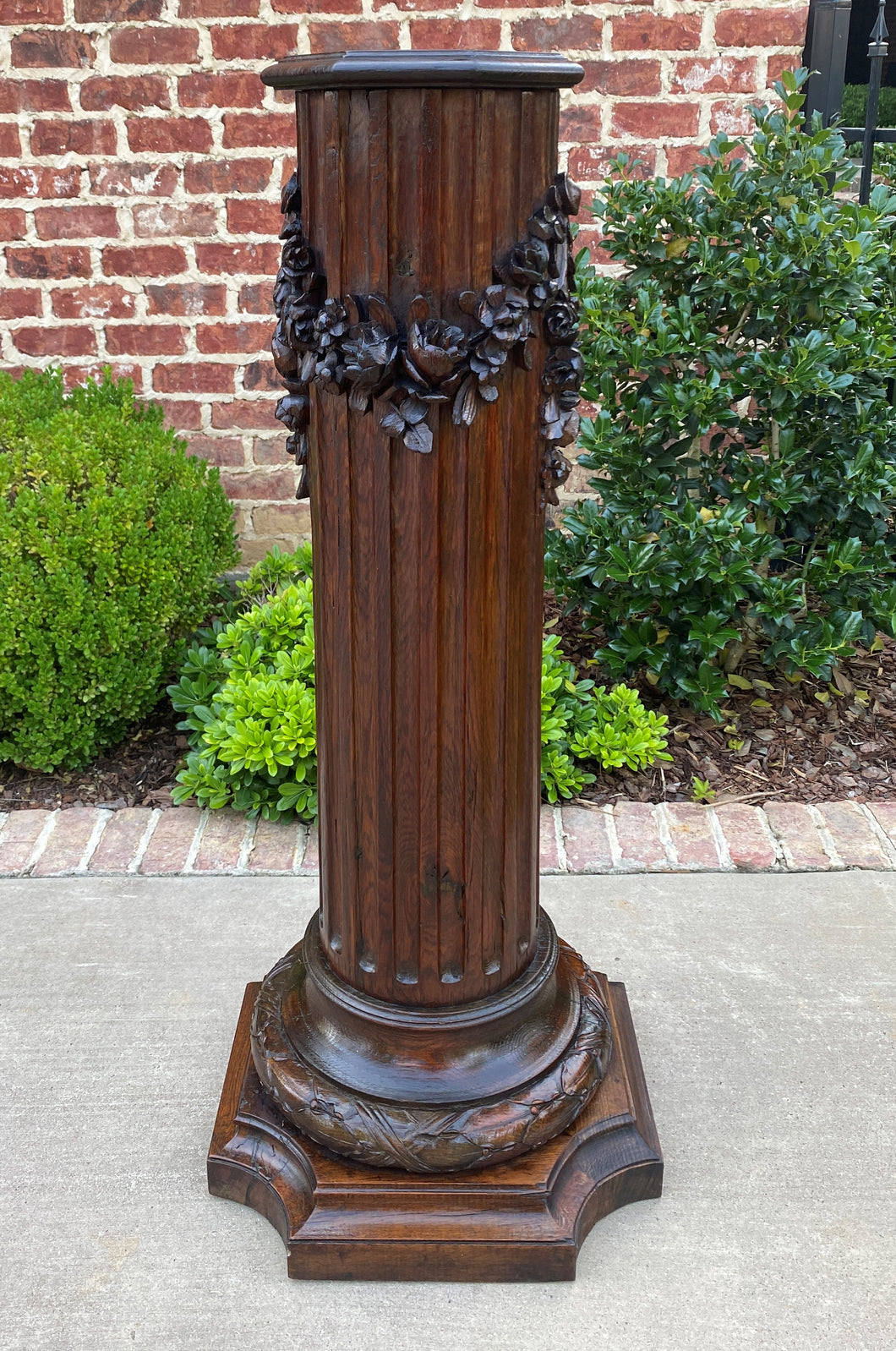 Antique French Pedestal Column Plant Stand Display Table Fluted Carved Oak 19thc