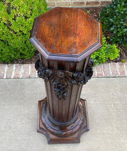 Antique French Pedestal Column Plant Stand Display Table Fluted Carved Oak 19thc