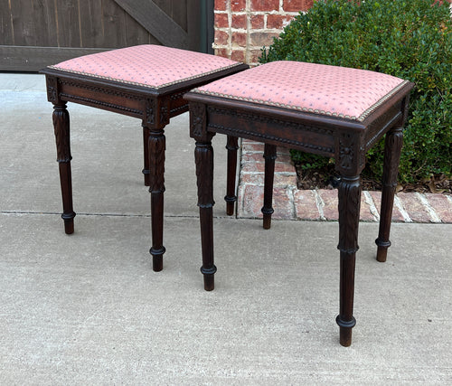 Antique French PAIR Foot Stools Small Benches Upholstered Top Stools Oak