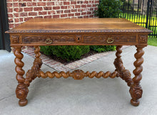 Load image into Gallery viewer, Antique French Desk Writing Table Barley Twist Renaissance Revival Oak 19th C