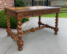 Load image into Gallery viewer, Antique French Desk Writing Table Barley Twist Renaissance Revival Oak 19th C