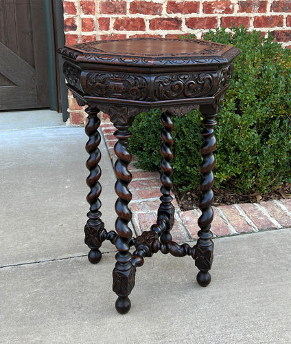 Antique French Table Octagonal PETITE Barley Twist Carved Oak Renaissance 19th C