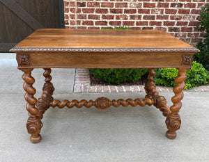 Antique French Desk Writing Table Barley Twist Renaissance Revival Oak 19th C