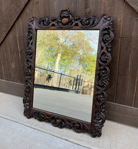 Antique French Mirror Oak Framed Hanging Wall Mirror Cartouche Rectangular